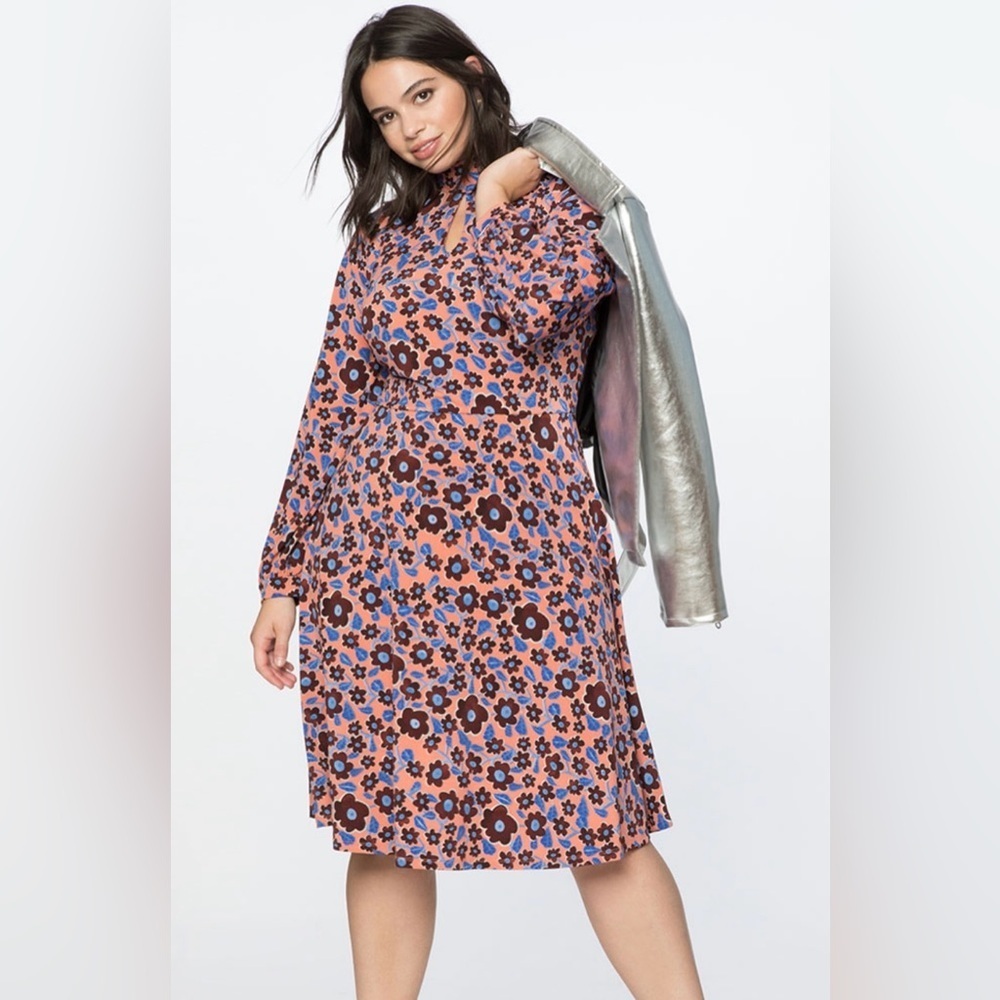 Eloquii Pink Floral Midi Dress with Blue and Brown Accents